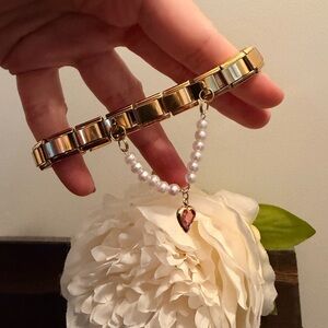 Pearl Accent Italian Charm Bracelet with Pink Crystal Heart
